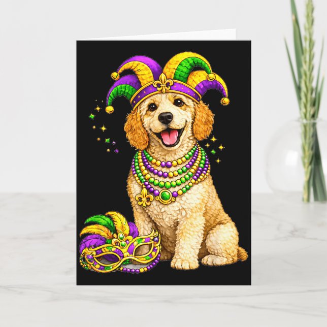 Cute Mardi Gras Themed Labradoodle Dog  Card (Front)