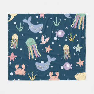 Cute Marine Life Seamless Pattern Fleece Blanket