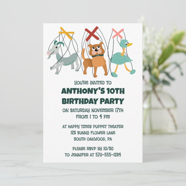 Cute Marionettes Puppet Show Themed Kids Birthday Invitation (Standing Front)