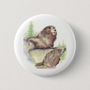 Cute Marmot, Animal Nature, Wildlife Watercolor Pinback Button