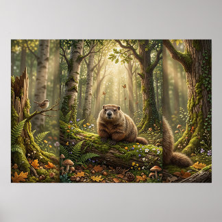 Cute Marmot Resting On Forest Log Print Holder