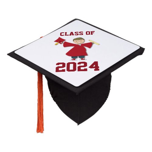 Cute Maroon Boy Cartoon Grad Class of 2024 Graduation Cap Topper