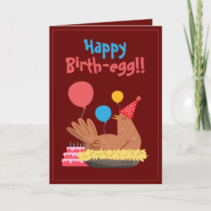 Cute Maroon Funny Chicken and Cake Humor Birthday Card