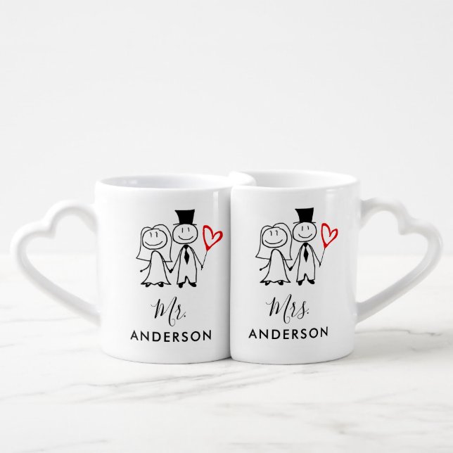 Cute Married Couple Mr and Mrs Wedding Coffee Mug Set (Front Nesting)