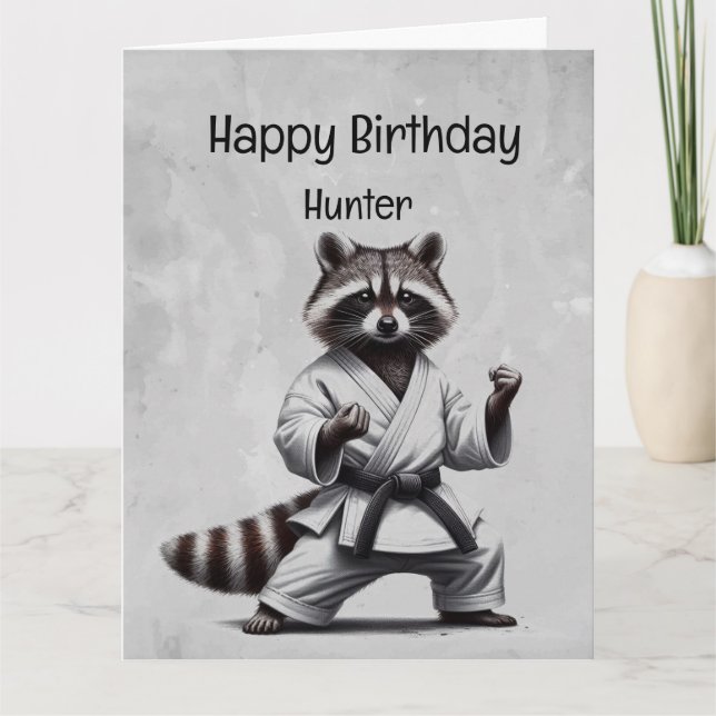 Cute Martial Arts Raccoon Custom Birthday Card (Front)