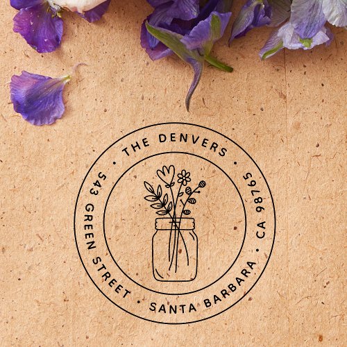 Cute Mason Jar Flowers Simple Round Return Address Self_inking Stamp