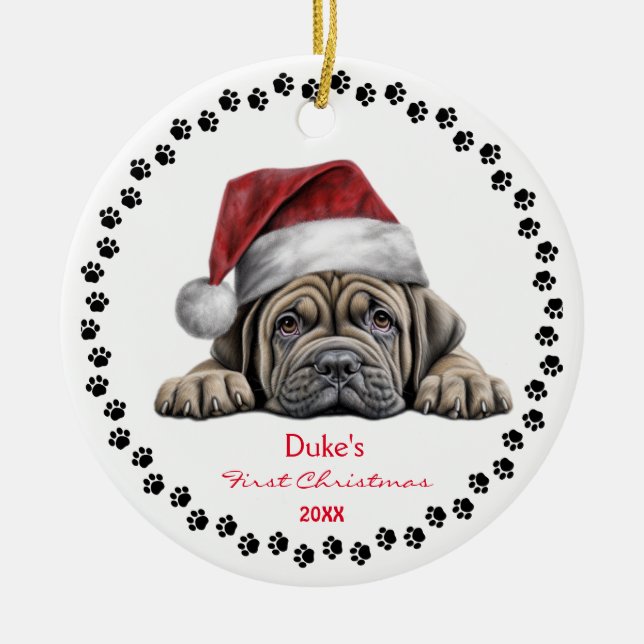 Cute Mastiff Dog Santa Hat Paw 1st Christmas Ceramic Ornament (Front)
