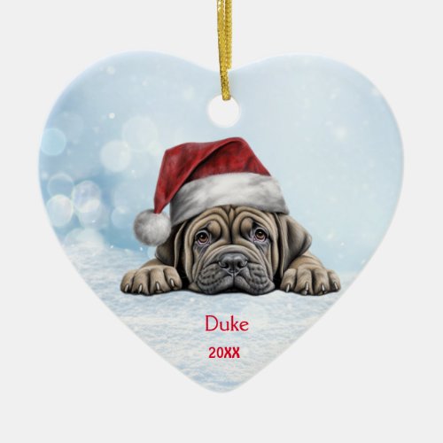 Cute Mastiff Dog Santa Hat Paw Pencil Art Heart Ceramic Ornament