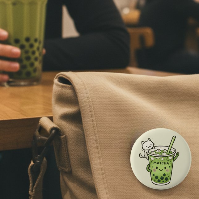 Cute Matcha Bubble Tea with Cat Kawaii Iced Drink Button (Creator Uploaded)
