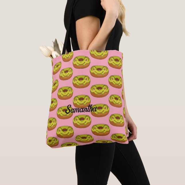 Cute Matcha Frog Donut Tote Bag (Close Up)