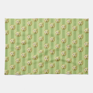 Cute Matcha Green Teddy Bear and Stripe Kitchen Towel