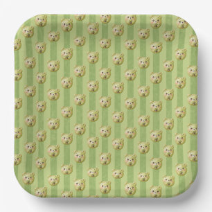 Cute Matcha Green Teddy Bear and Stripe Paper Plates