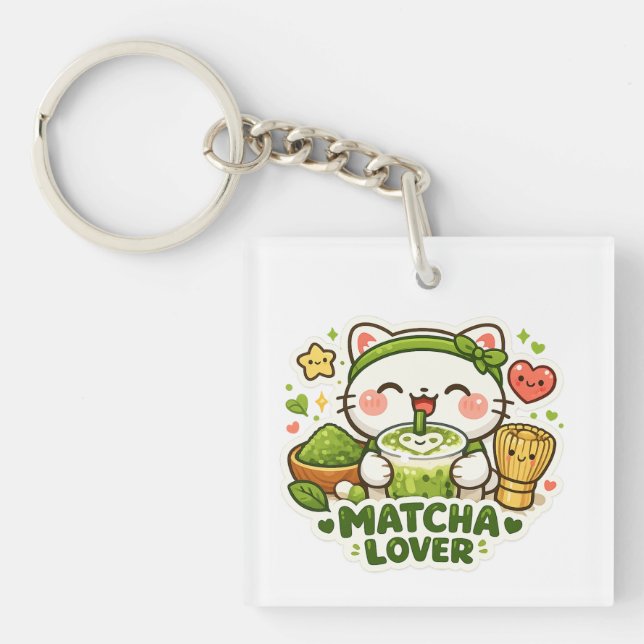 Cute Matcha Lover Cat Keychain (Front)