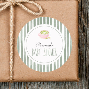 Cute Matcha Tea Sage Striped Frame Baby Shower Classic Round Sticker