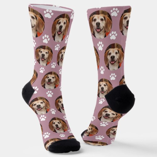 Cute Mauve Pet Photo  Paw Prints Dog or Cat   Socks