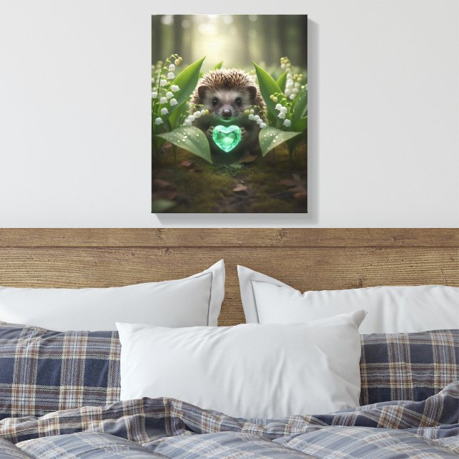 Cute May Hedgehog with Emerald Heart Canvas Print (Insitu(Bedroom))