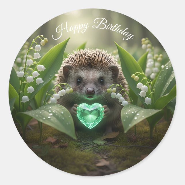 Cute May Hedgehog with Emerald Heart Classic Round Sticker (Front)