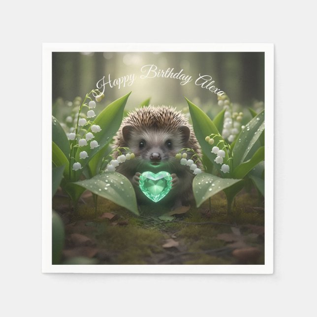 Cute May Hedgehog with Emerald Heart Napkins (Front)