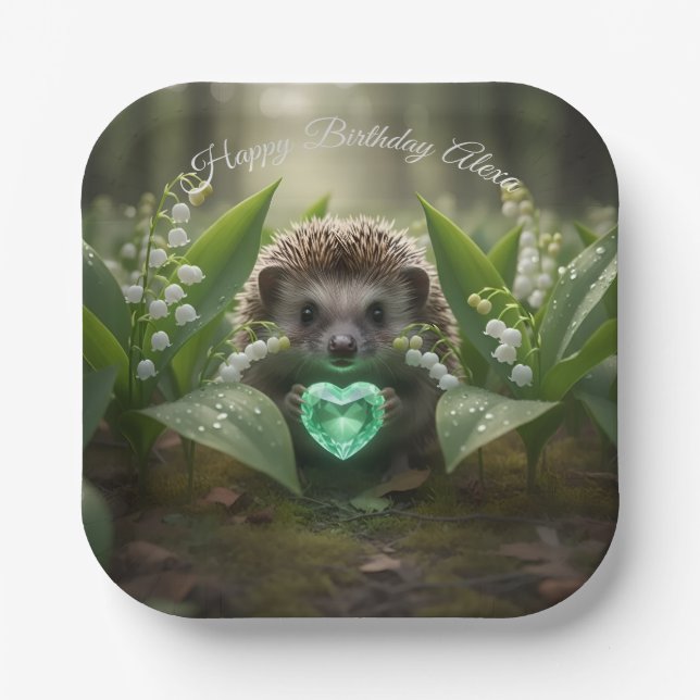 Cute May Hedgehog with Emerald Heart Paper Plates (Front)