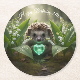 Cute May Hedgehog with Emerald Heart Round Paper Coaster