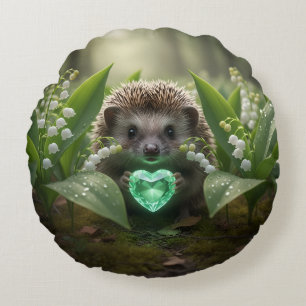 Cute May Hedgehog with Emerald Heart Round Pillow