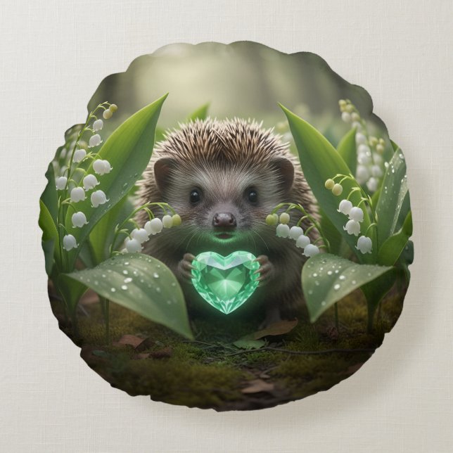 Cute May Hedgehog with Emerald Heart Round Pillow (Front)