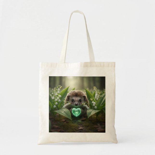 Cute May Hedgehog with Emerald Heart Tote Bag (Front)