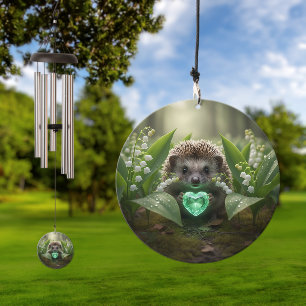 Cute May Hedgehog with Emerald Heart Wind Chime