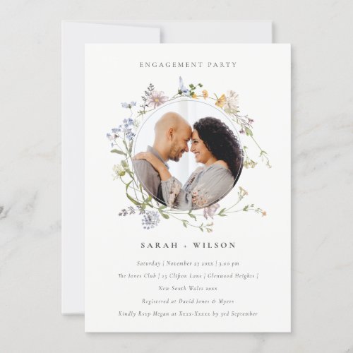 Cute Meadow Floral Wreath Engagement Photo Invite