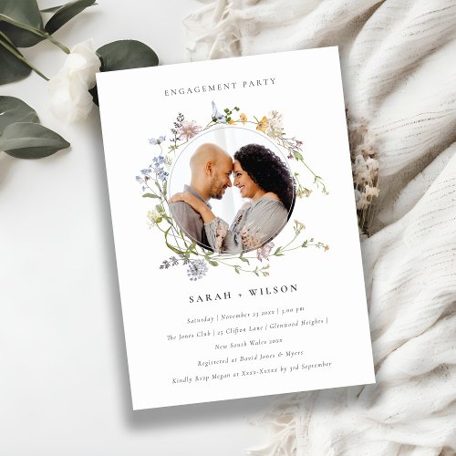 Cute Meadow Floral Wreath Engagement Photo Invite