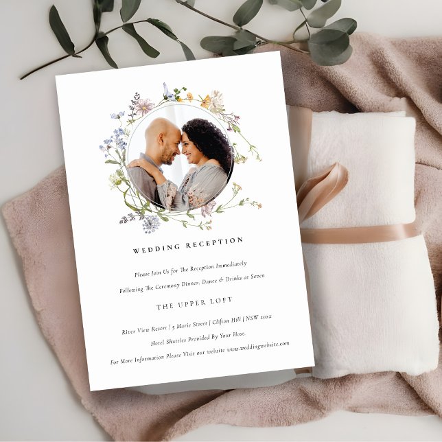 Cute Meadow Floral Wreath Photo Wedding Reception Enclosure Card (Creator Uploaded)