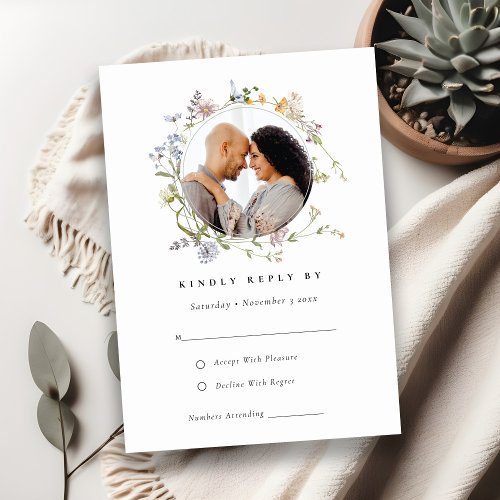 Cute Meadow Floral Wreath Photo Wedding RSVP Enclosure Card