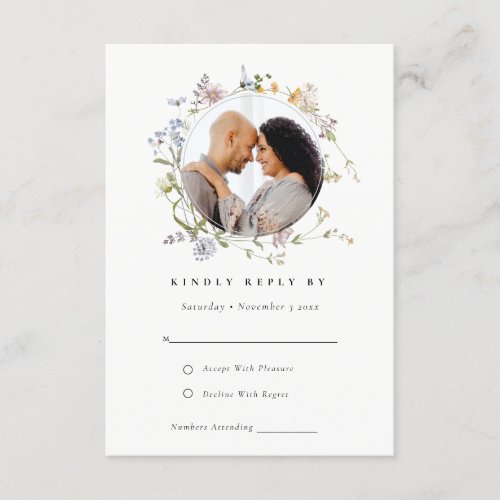 Cute Meadow Floral Wreath Photo Wedding RSVP Enclosure Card