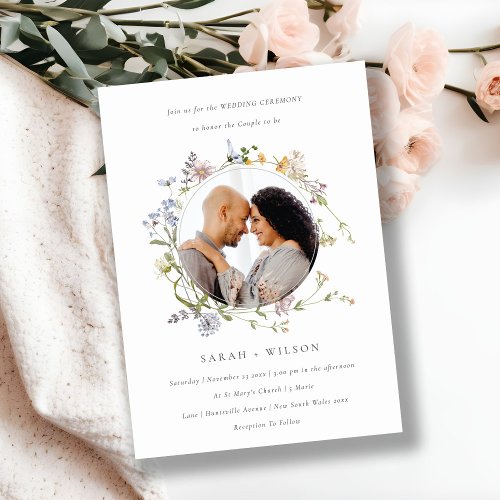 Cute Meadow Floral Wreath Wedding Photo Invite