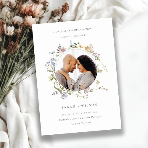 Cute Meadow Floral Wreath Wedding Photo Invite