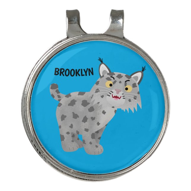Cute mean bobcat lynx cartoon golf hat clip (Front)