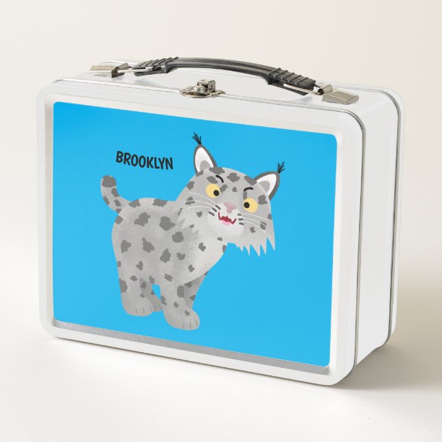 Cute mean bobcat lynx cartoon metal lunch box (Front)