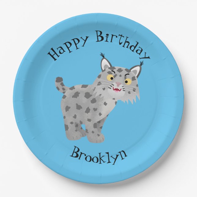 Cute mean bobcat lynx cartoon paper plates (Front)