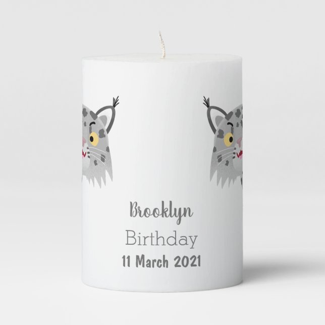Cute mean bobcat lynx cartoon pillar candle (Front)