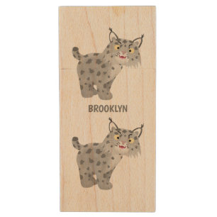 Cute mean bobcat lynx cartoon wood flash drive