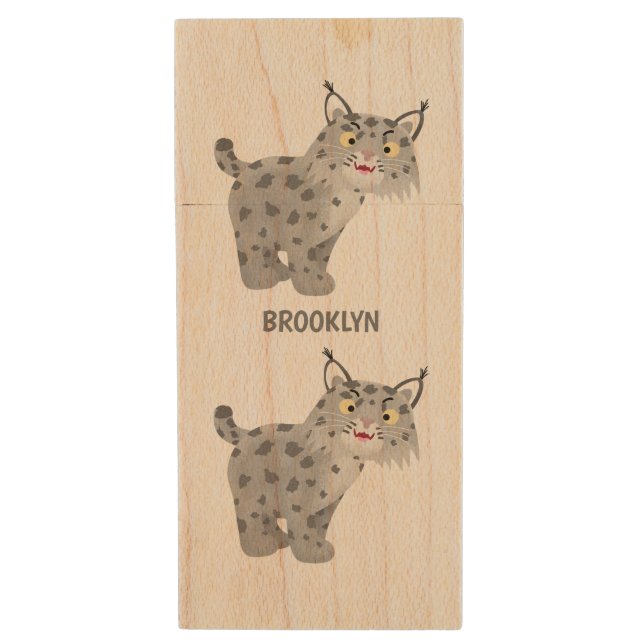 Cute mean bobcat lynx cartoon  wood flash drive (Front Vertical)