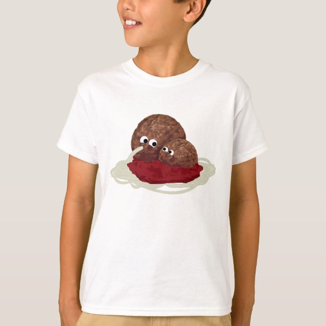 Cute Meatball Eating Spaghetti T-Shirt (Front)