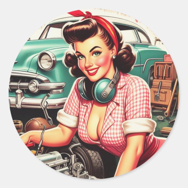 Cute Mechanic Pin-up Classic Round Sticker (Front)