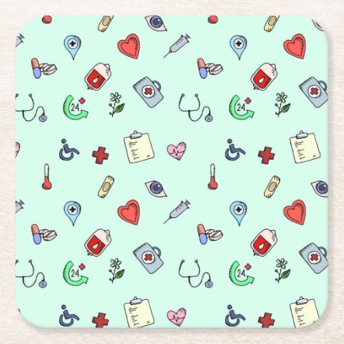 Cute Medical Icon Pattern Square Paper Coaster