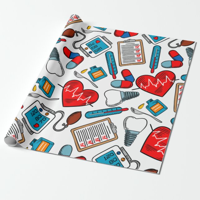 Cute Medical Nurse Doctor Theme Mixed Pattern  Wrapping Paper (Unrolled)