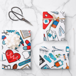Cute Medical Nurse Doctor Theme Mixed Patterns Wrapping Paper Sheets
