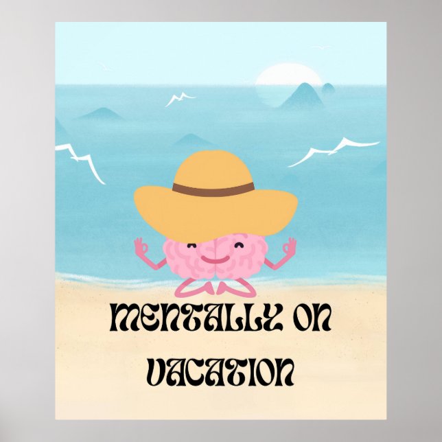 Cute Meditating Brain Beach Illustration Poster (Front)