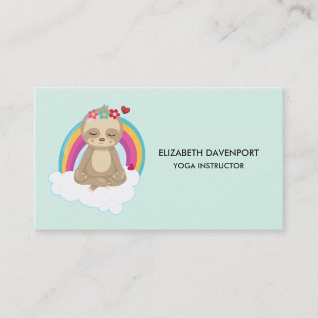 Cute Meditating Sloth in Lotus Position Yoga Business Card (Front)