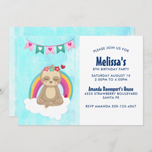 Cute Meditating Sloth with a Rainbow Birthday Invitation
