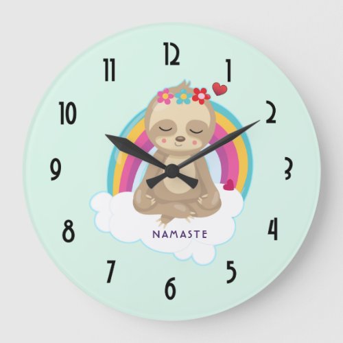 Cute Meditating Sloth with a Rainbow Large Clock